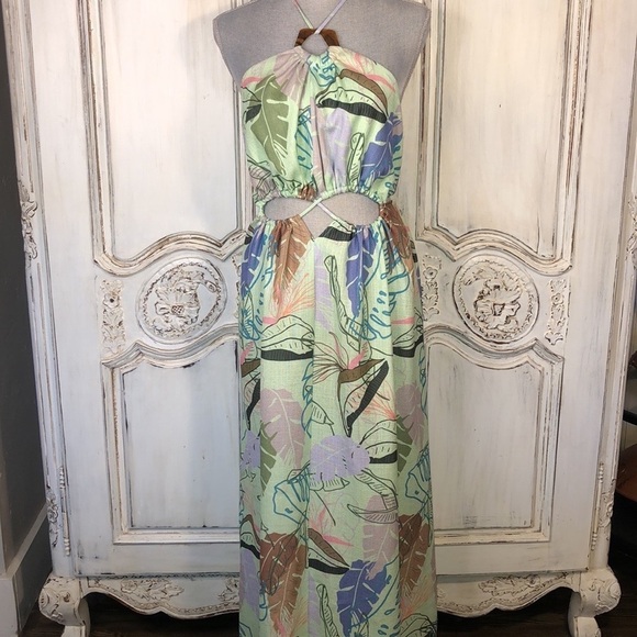 ASOS Peekaboo Waist Vacation Beachy Luau Textured Tropical Print Maxi Dress S/8 - Picture 3 of 12